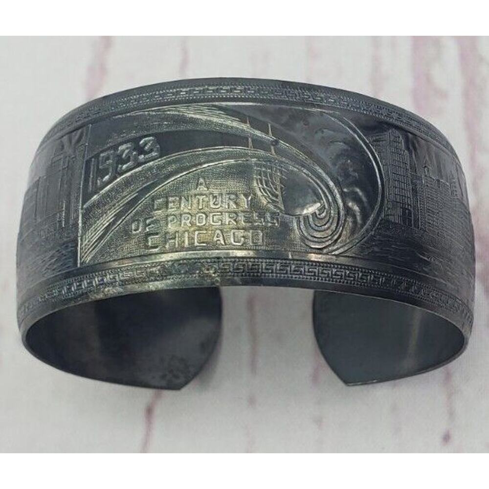 1933 Chicago World's Fair Cuff Bracelet A Century of Progress Goodyear Blimp